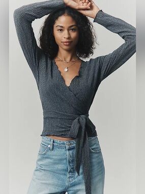 Anthropologie Pilcro Textured Wrap Knit Top NWT Gray Tie Waist Balletcore L